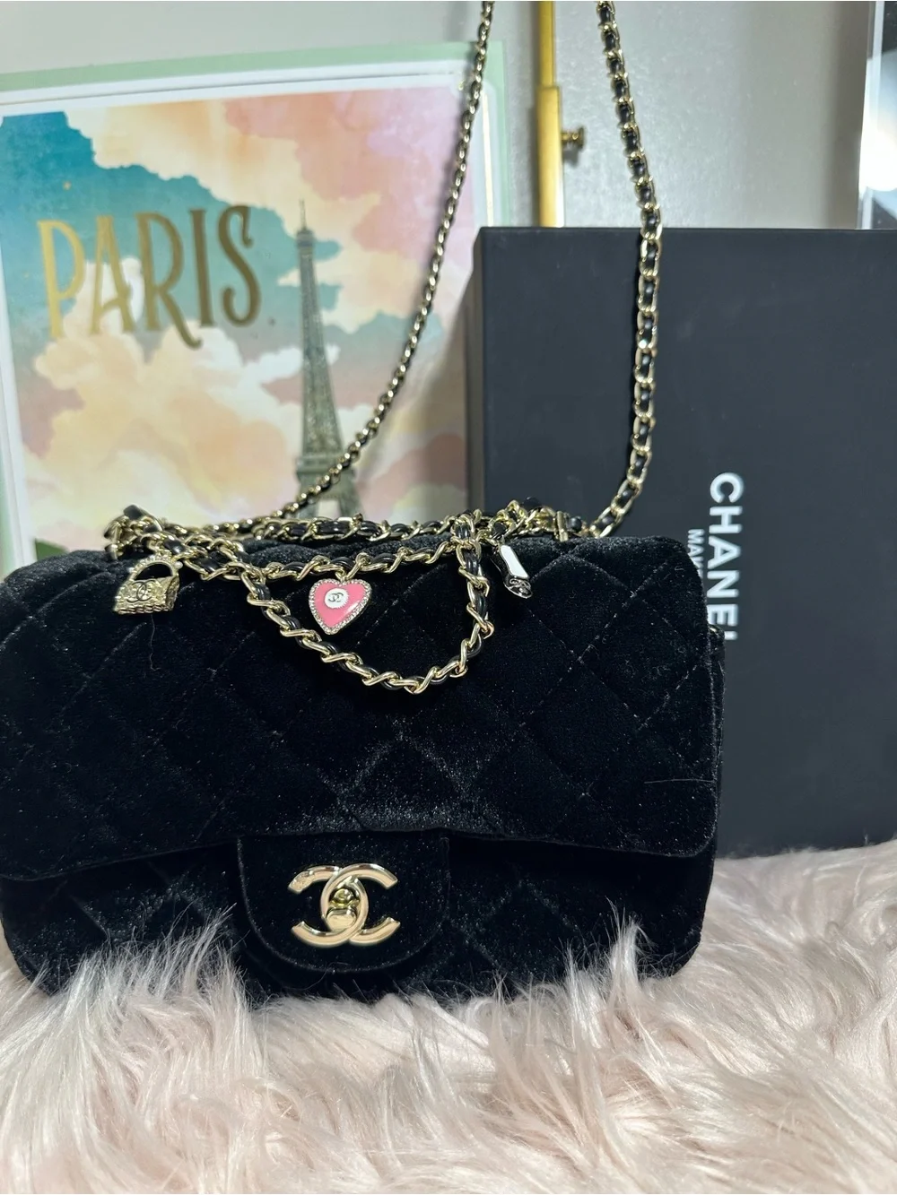 GWP Black Quilted Velvet Mini Shoulder Bag with Gold Chain and Charms